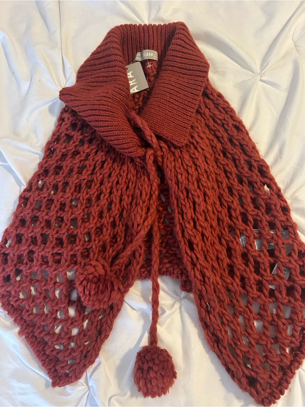 Zara Brick Red Open-Knit Collar Poncho with Pom Ties RARE nwt